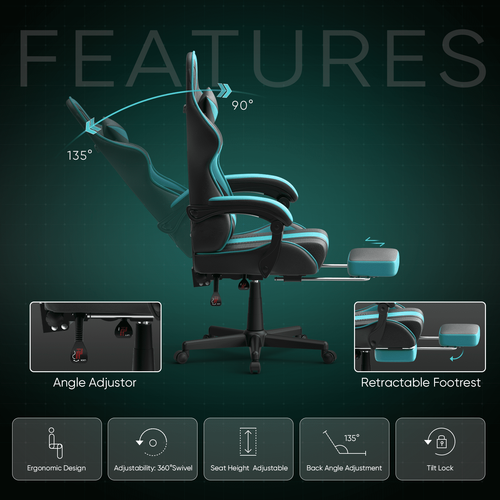 Soontrans Gaming Chair with Footrest Ergonomic Office Chair with Massage Lumbar Pillow, Reclining Gamer Game Chair for Adults, Blue