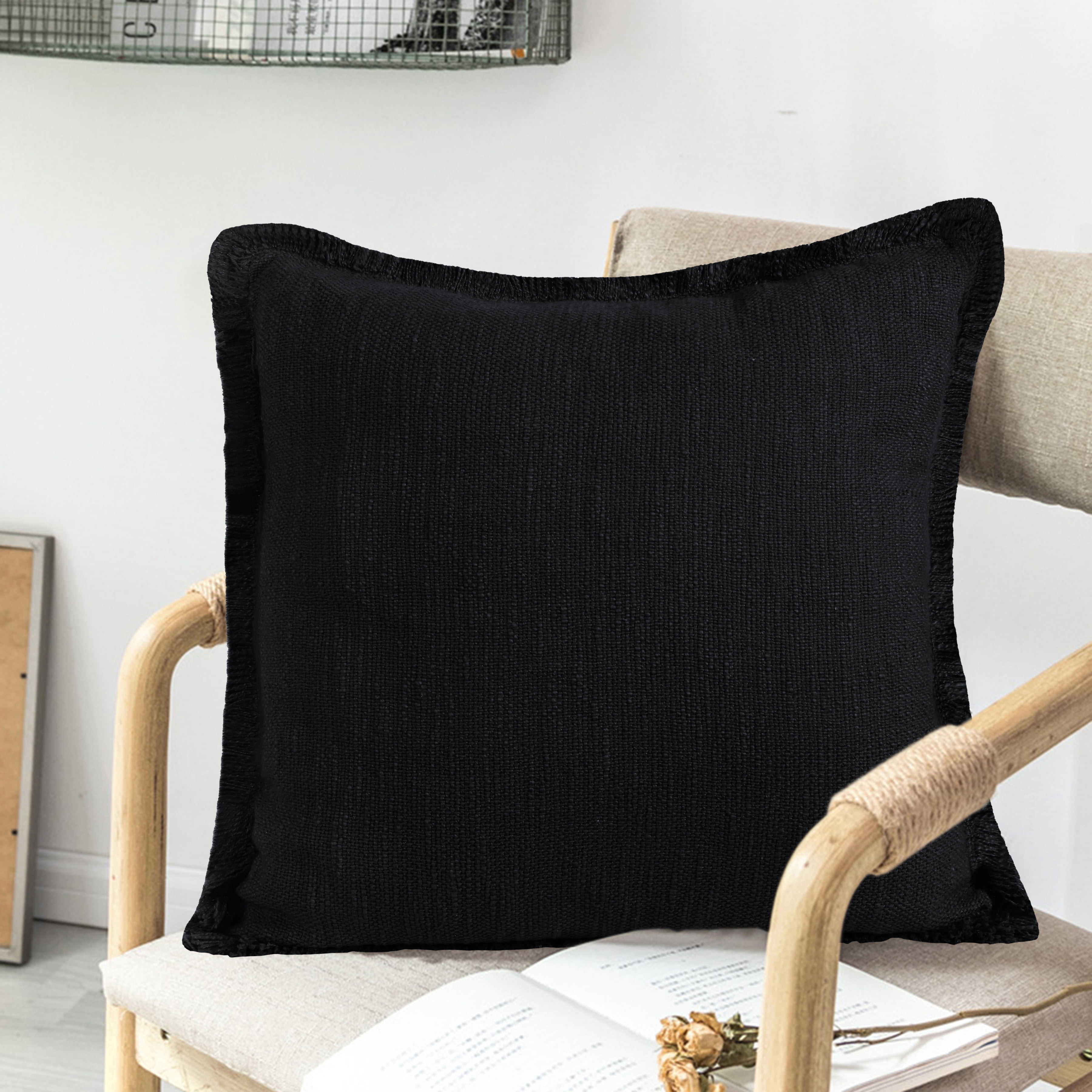 Ox Bay Bennett 20" x 20" Fringed Jet Black Cotton Adult Decorative Throw Pillow