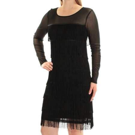 - INC Womens Black Fringed Long Sleeve Jewel Neck Above The Knee Shift Dress Size: M