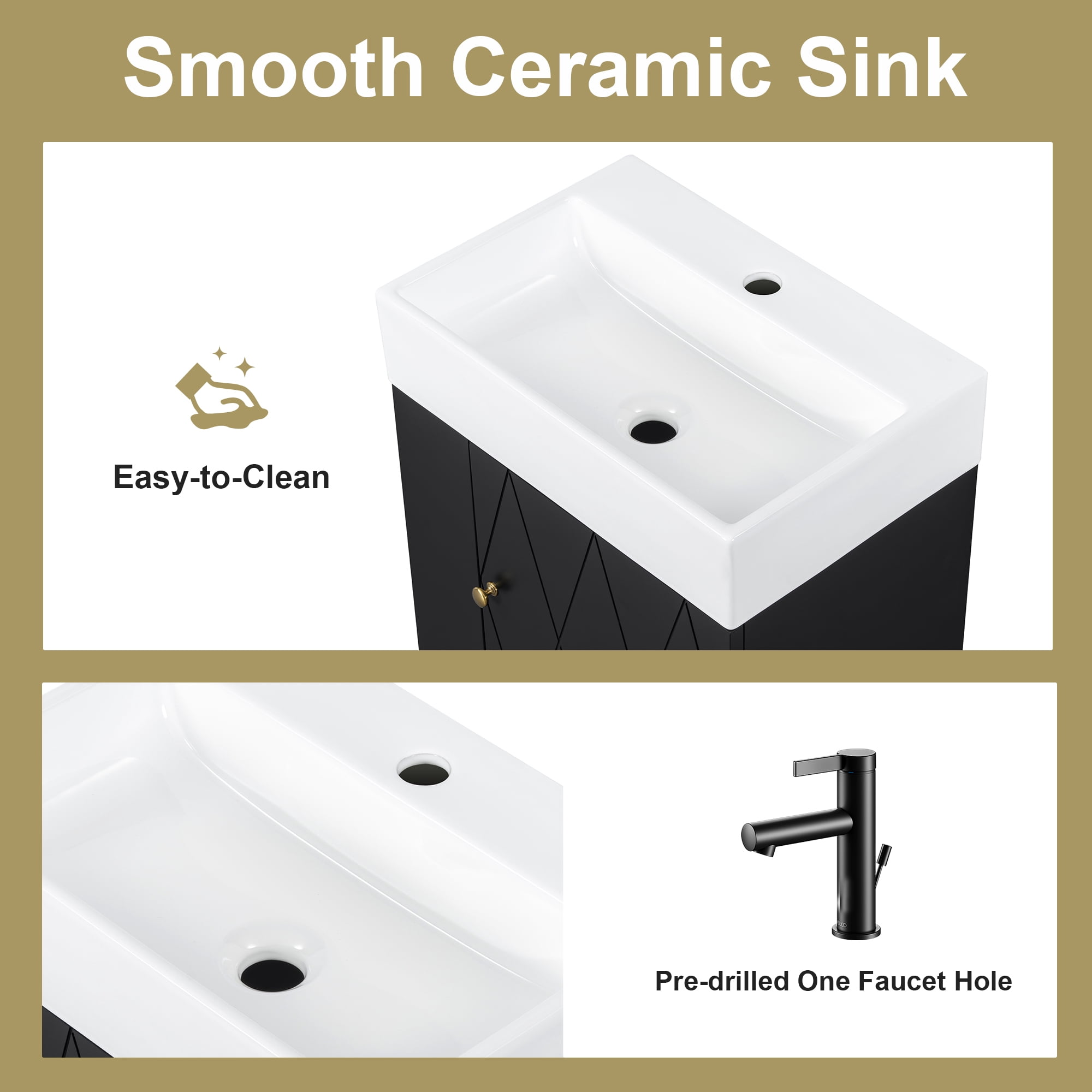 20 Inch Bathroom Vanity with Ceramic Sink, Diamond Pattern Door Design, Gold Handle & Side Storage Shelves – Modern Small Space Cabinet with Towel Bar, MDF Construction