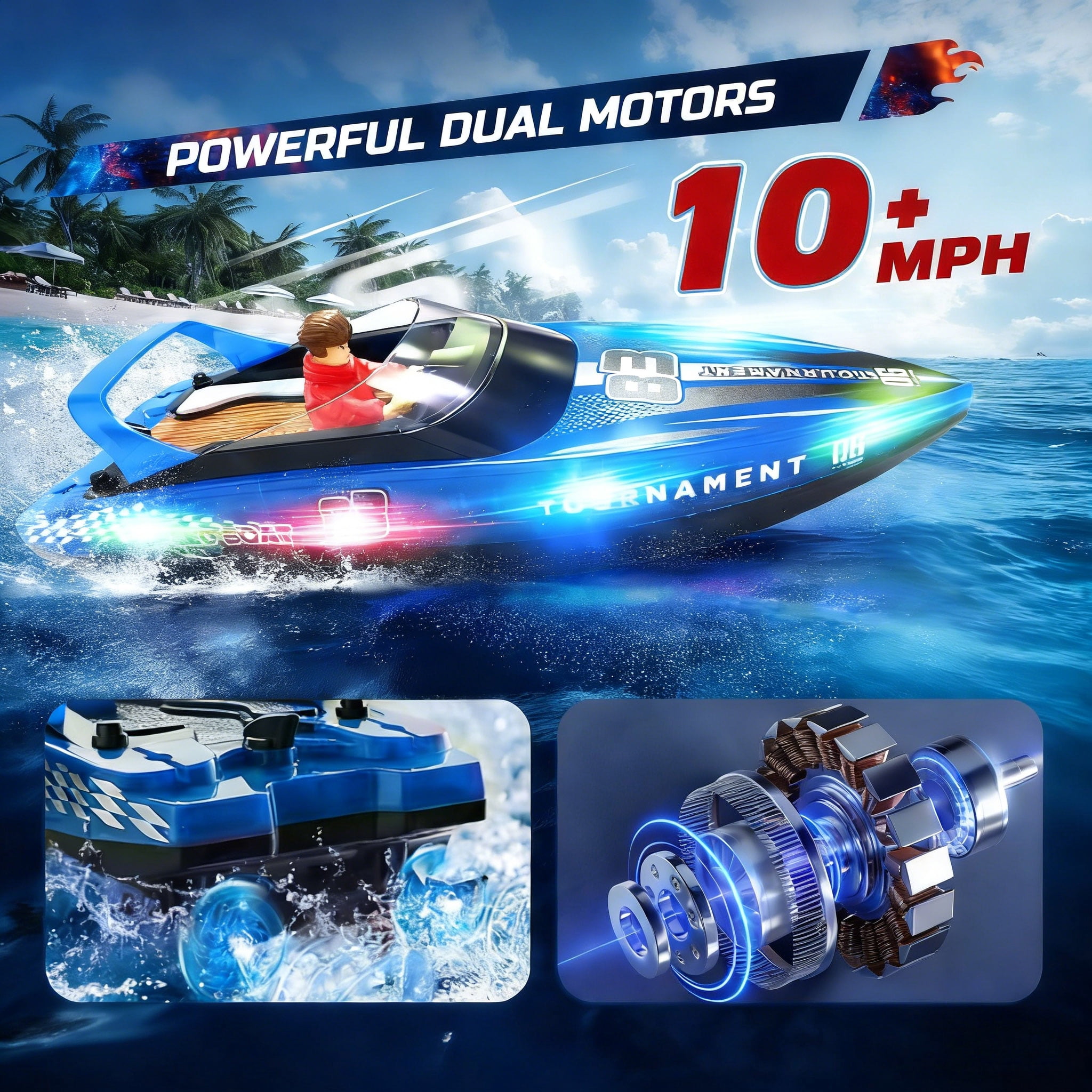 JoyStone 10 inch RC Boat with LED Lights for Adults and Kids - 2.4Ghz Remote Control Boat for Pool and Lakes, Dual Motor & Low Battery Alarm, Gifts for 8-12 Boys Girls(Blue)