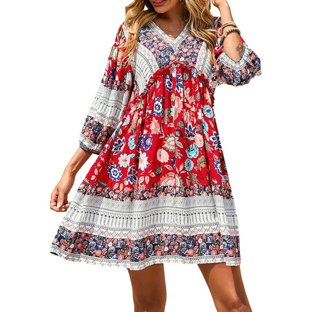 Txlixc, vestido bohemio informal de verano para mujer, estilo étnico, estampado Floral, cuello en V, manga abullonada, vestido corto oscilante a la moda Txlixc Vestido bohemio casual de verano para mujer