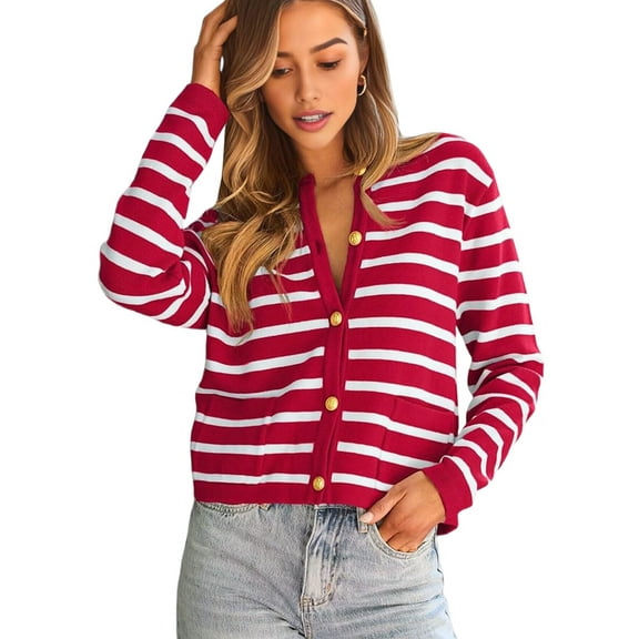 Women'S Lightweights Button Down Long Sleeve Casual Crew Neck Soft Knit Cardigan Sweater Tops Red & White M