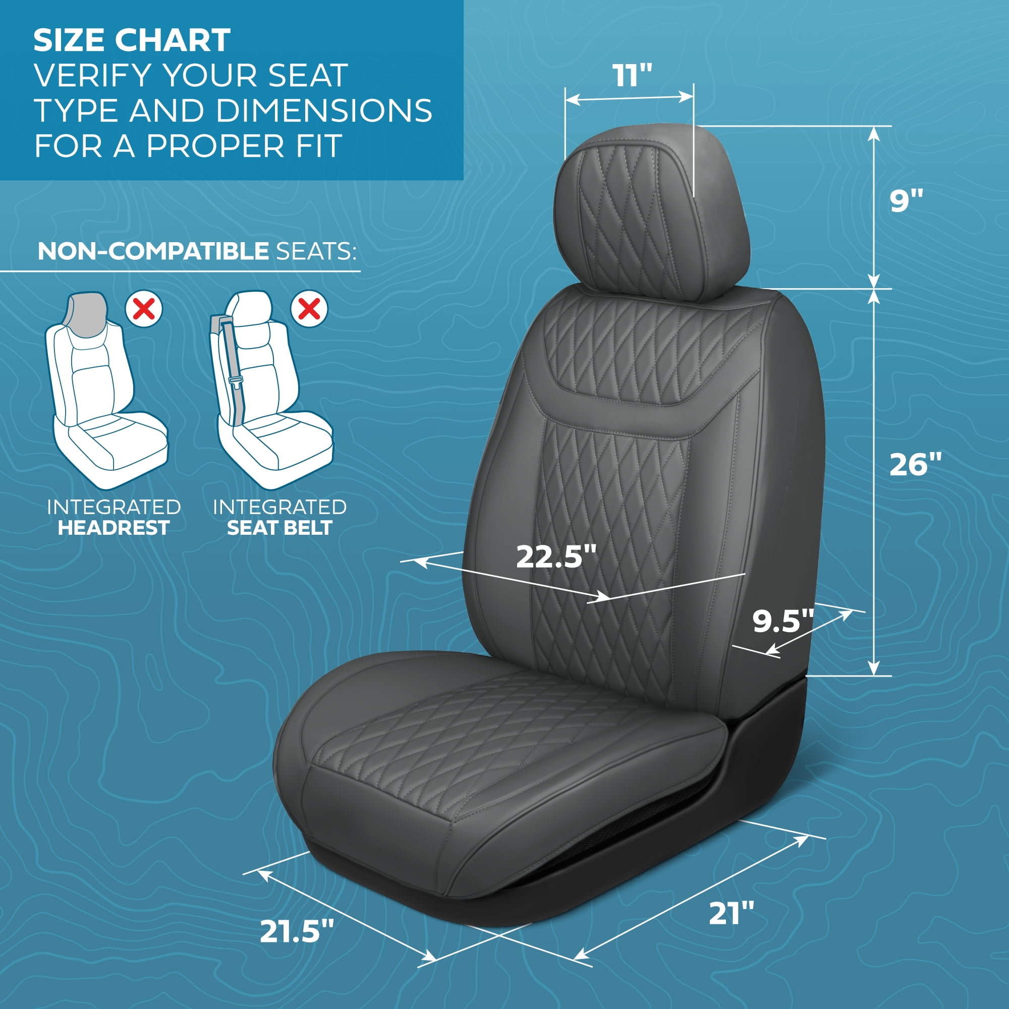 MotorBox Car Seat Covers - Ranch Leatherette Faux Leather Charcoal Seat Covers for Car - Diamond Stitched Cushioned Interior Protectors for Automotive Accessories Trucks, SUV, Cars - Two Front Covers