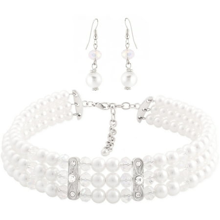Silver Tone 3 Strand Faux Pearl and Crystal Choker Fashion Necklace and Earring Set, 9 1/2