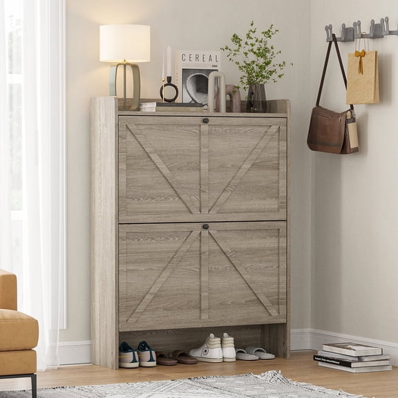 Someet Shoe Cabinet with 2 Flip Drawers for Entryway, Narrow Shoe Rack Organizer with Open Shelf, Gray