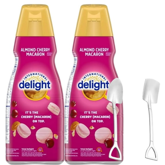 Candy Freezer Int'l Delight Shelf-stable Non-dairy Liquid Coffee Creamer.- Pack of Two (2) 32 fl oz Bottles (Almond Cherry Macaron) with Shovel Spoon