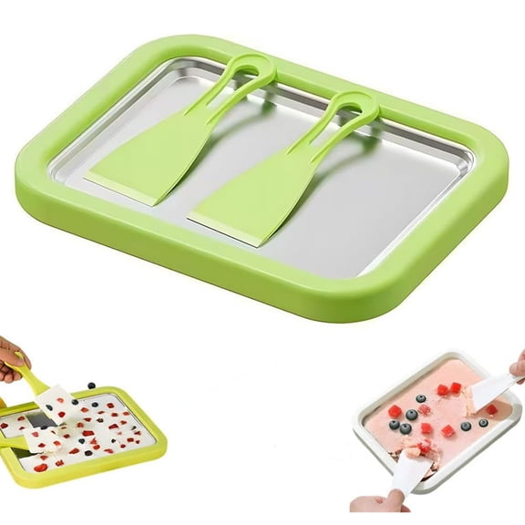 At-Home Rolled Ice Cream Maker Kit, Instant Freeze Plate with 2 Scrapers, DIY Homemade Ice Cream tray, Yogurt, Sorbet, Fun Family Activity for Kids, Food-Grade Stainless Steel(Green)
