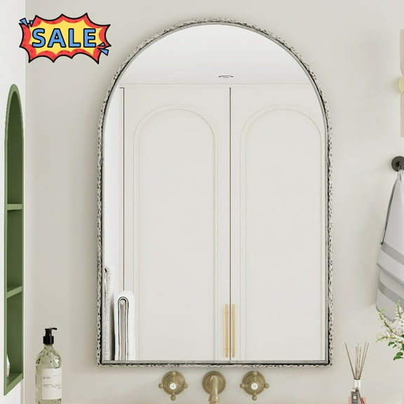 Tcbosik Wall Mounted Arched Mirror, 24x36 inch Vanity Mirror with Metal Frame, Modern Bathroom Mirror for Living Room, Bedroom, Silver