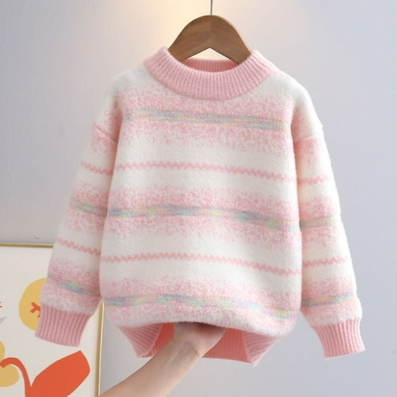 Eltusu Girls Sweaters, Knitting Cotton Long Sleeve Thermal Striped Winter Tops Pink Size 10-12 T