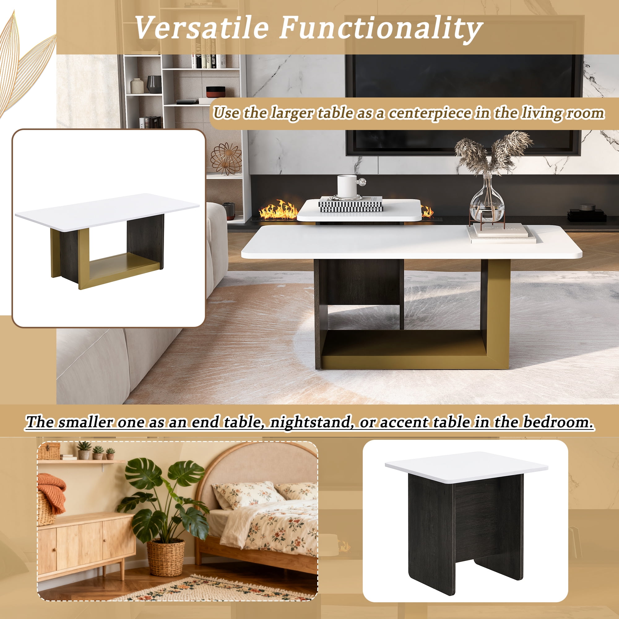 Coffee Table Set, Modern Square Tables, Living Room End Table Set of 2 with Spacious Top and Metal Frame, Durable MDF Construction, 47.2" and 19.7" Two-Piece Set, White