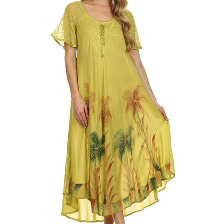 Sakkas Kai Palm Tree Caftan Tank Dress / Cover Up - Avocado - One Size (Best Dresses For Pear Shaped Figures)