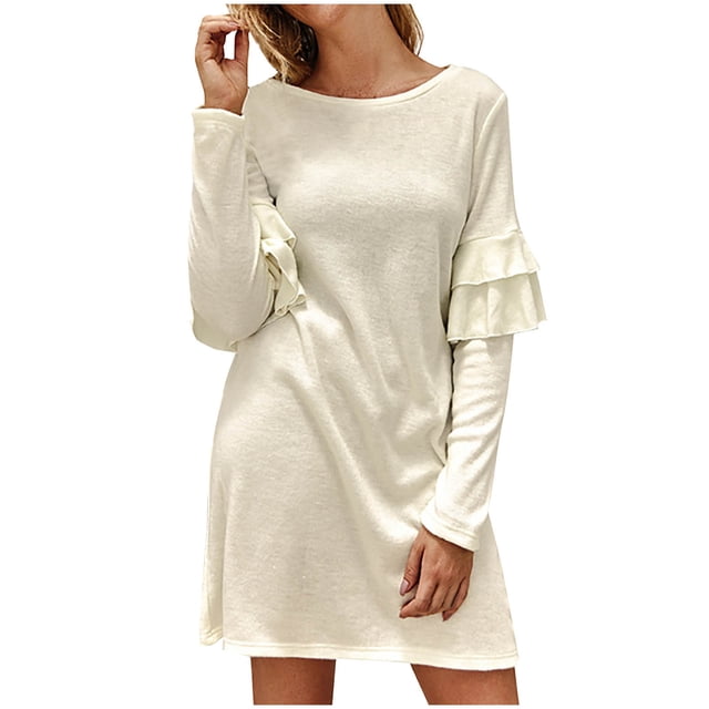 Robes pour Femmes 2022 Col Rond à Volants Manches Longues Couleur Unie Robe Midi Confortable Robes de Loisirs Automne