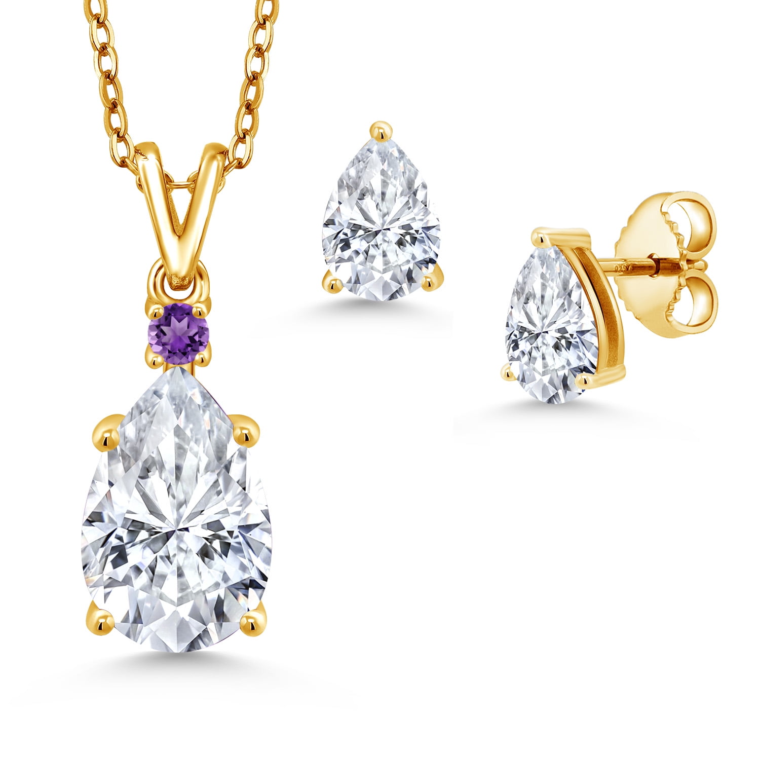 18K Yellow Gold Plated Silver White Moissanite and Purple Amethyst Pendant and Earrings Jewelry Set for Women | 4.47 Cttw | Gemstone Birthstone | Pear Shape 12X8MM and 7X5MM | with 18 inch Chain