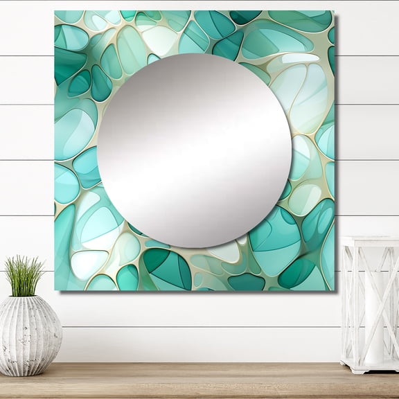 Designart "Emerald Seaglass Mosaic" Abstract Square Mirror For Wall Decor - Large Green Square Mirror Printed Wall Decor - Modern Square Living Room Mirror