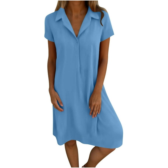 CHGBMOK Sundresses for Women 2025 Casual Spring and Summer Loose Short-sleeved V-neck Solid Color and Linen Shirt Dress Sizes S-3XL