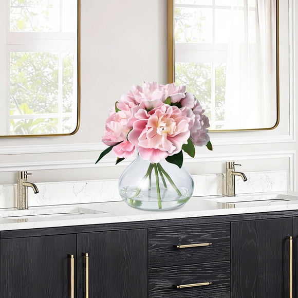 Glass Vase Artificial Peony Centerpiece, Real Touch PU Silk Peonies with Faux Water Design, Multi-Color Faux Floral Decor for Indoor Home Decoration