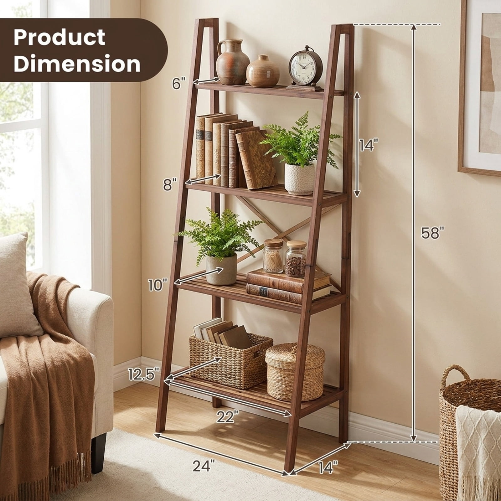 Furnibear 58 Inch 4-Tier Bamboo Ladder Bookshelf for Living Room Home Office Bedroom Display Storage Shelf, Walnut