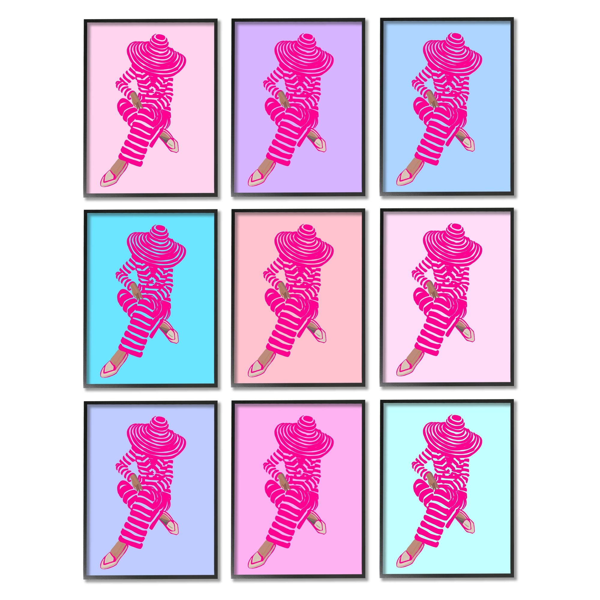 Stupell Industries Pink Pastel Doll Style Fashion Silhouettes Glam Trends Graphic Art Gray Framed Art Print Wall Art, Set of 9, Design by Amelia Noyes