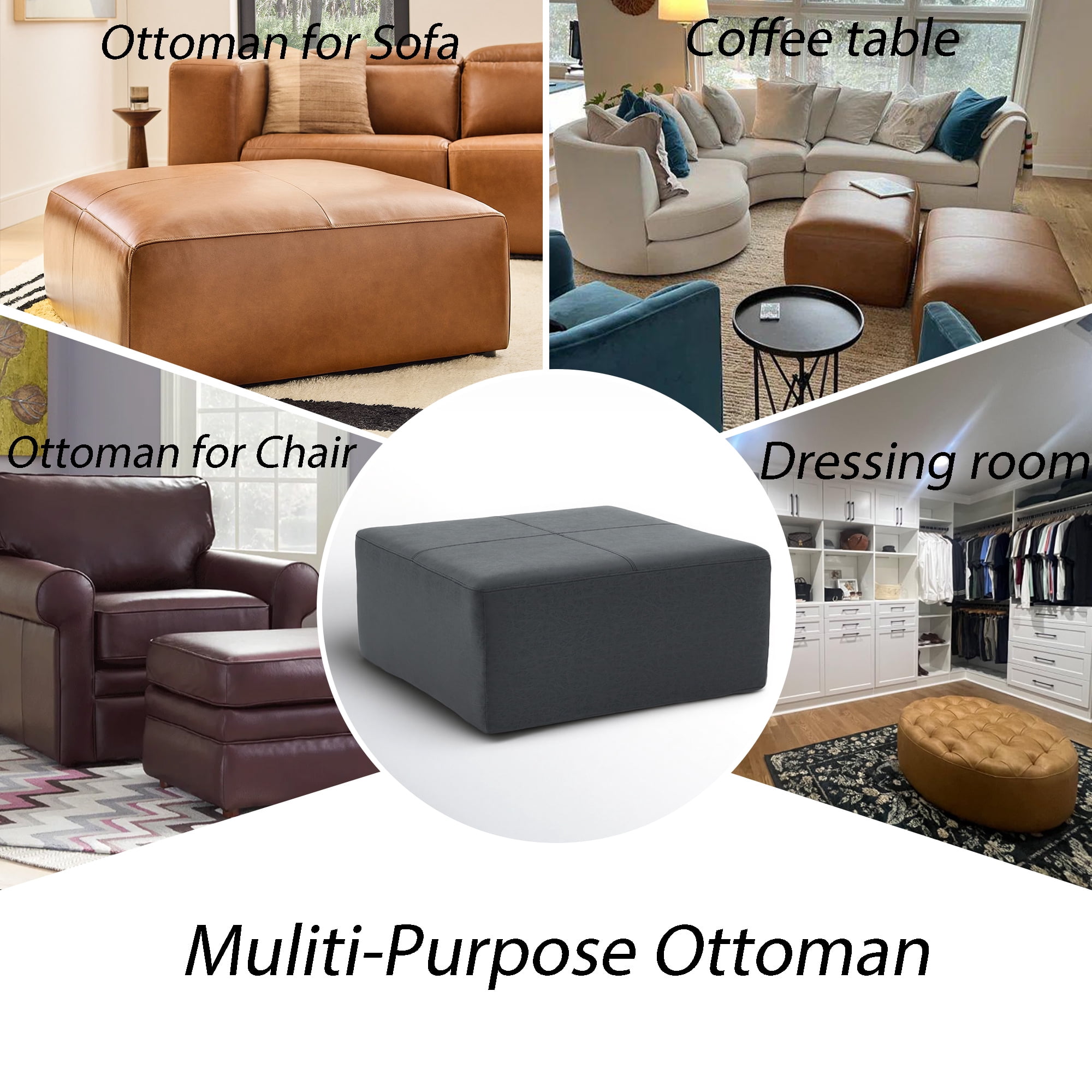 35" Wide Oversized Square Ottoman Coffee Table, Faux Leather Couch Ottoman Large Footstool for Living Room