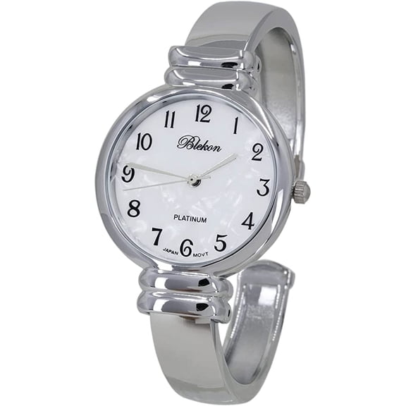 Blekon Women’s Faux Mother of Pearl Style Cuff Watch – 31mm Japanese Quartz, Hinged Bangle