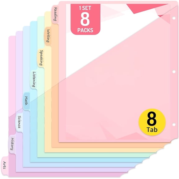 Januofit 8 Count Dividers for 3 Ring Binder, 8 tabs Binder Dividers with Pocket for US Letter Size, Binder Dividers with Tabs for School Office and Home Organization, Multicolor, 1 Set