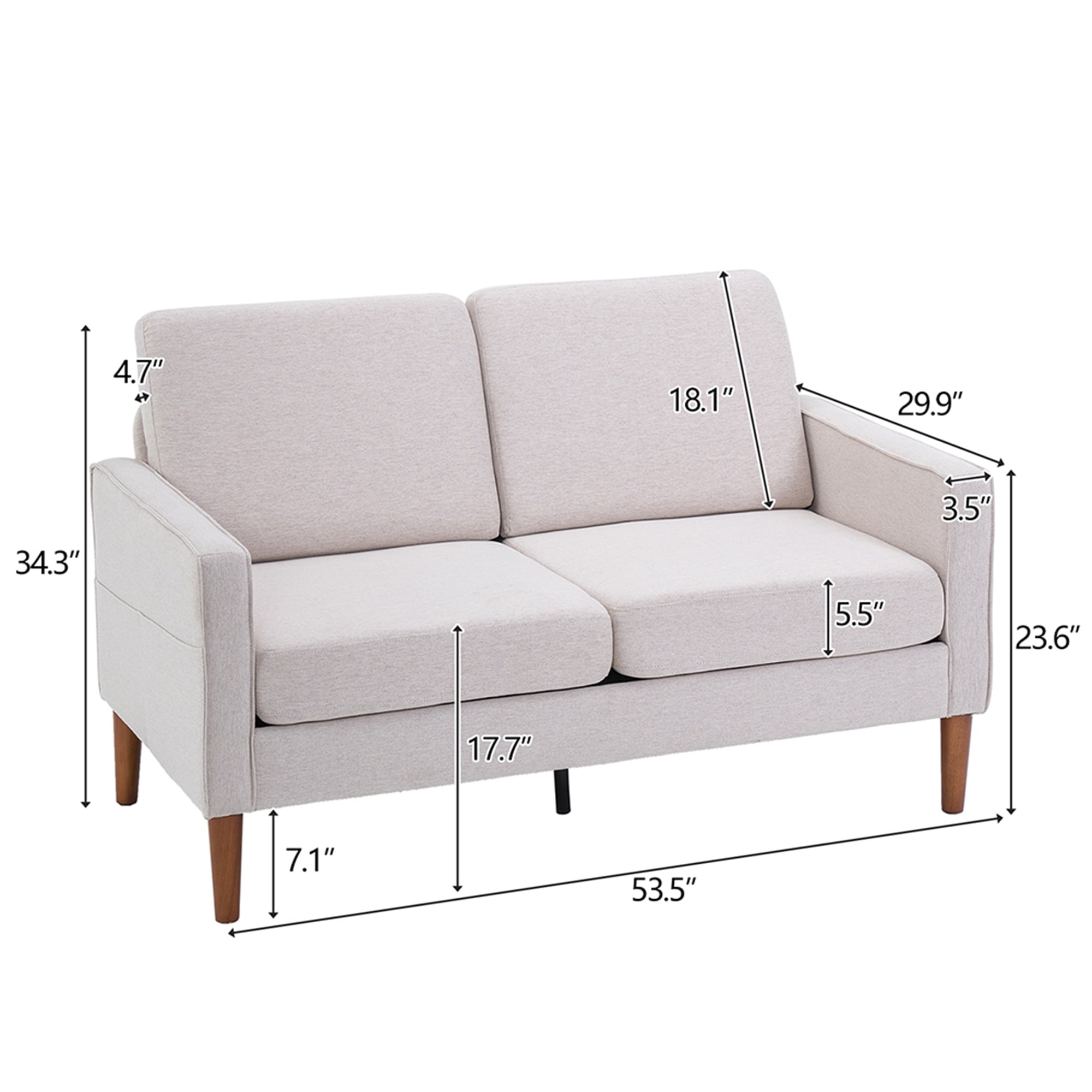 Resenkos 2 Seater Sofa Couch Linen Loveseat with Tapered Wood Legs for Living Room White Fabric