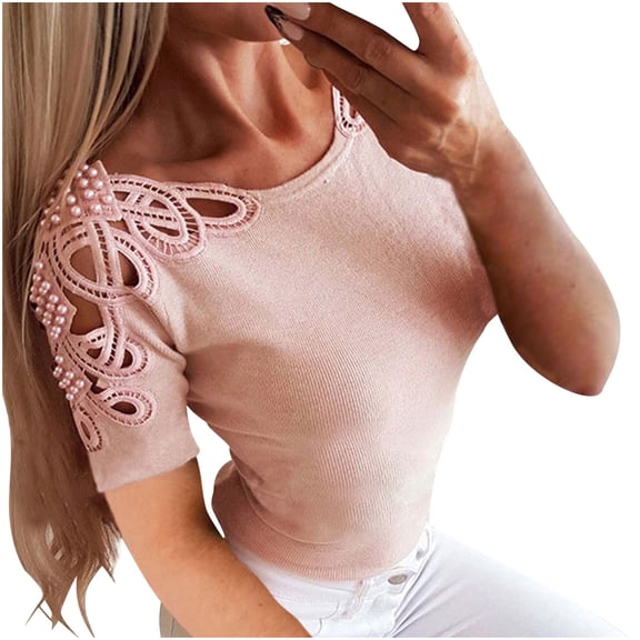 hoksml Womens Tops Clearance! Fashion Women's T-shirt Short-sleeved Solid Color Sexy Hollow Shoulder And Lace Slim-fit Round Neck Top Blouse