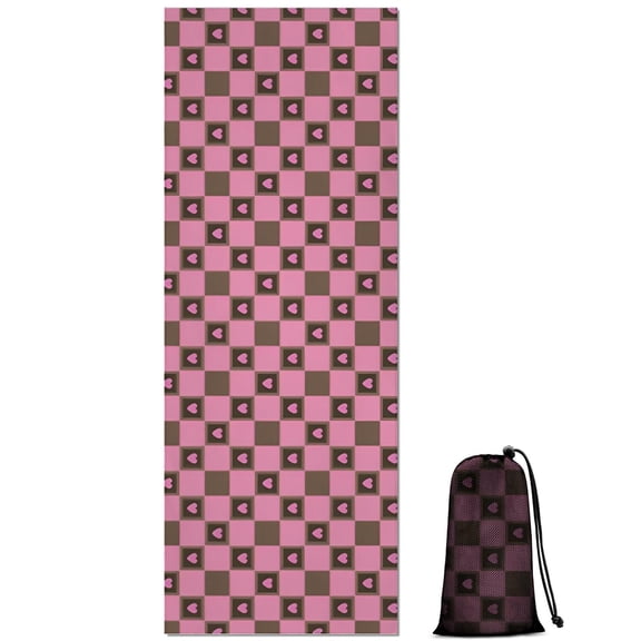 Pink Brown Heart Checkered Pattern Hot Yoga Mat Towel Non Slip for Hot Yoga - Quick-Drying Yoga Mat Cover with 4 Corner Pockets with Travel Bag - Hot Yoga Towel Non Slip 70"x26"