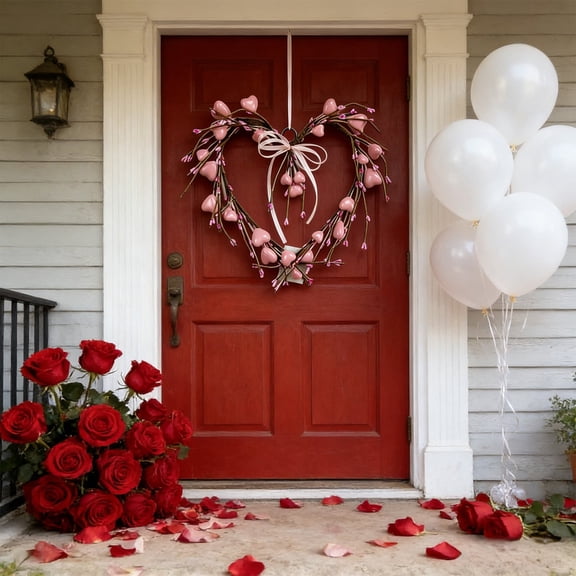Romantic Pink Heart-Shaped Valentine's Wreath - Festive Front Door Hanging Garland for Wall Window Home Party Indoor Outdoor Decor Needs