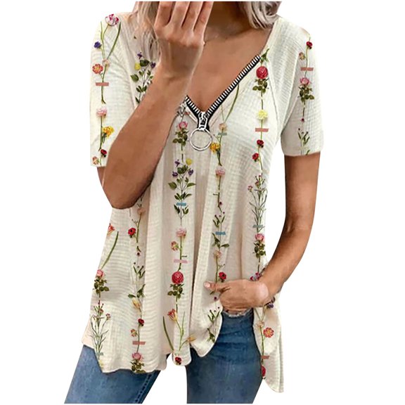 Ichuanyi Womens Tops Summer Women's Zipper Retro Printing V-neck Loose Short Sleeve T-shirt Top