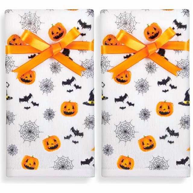 wonima44 Quera 2 Pack Hand Towels Halloween 100% Cotton Scary Pumpkin Spider Webs Bat Bathroom Decorative Towels Kitchen Towels Set for Drying, Cleaning, Cooking, Holiday 13.7'' x 29.5''