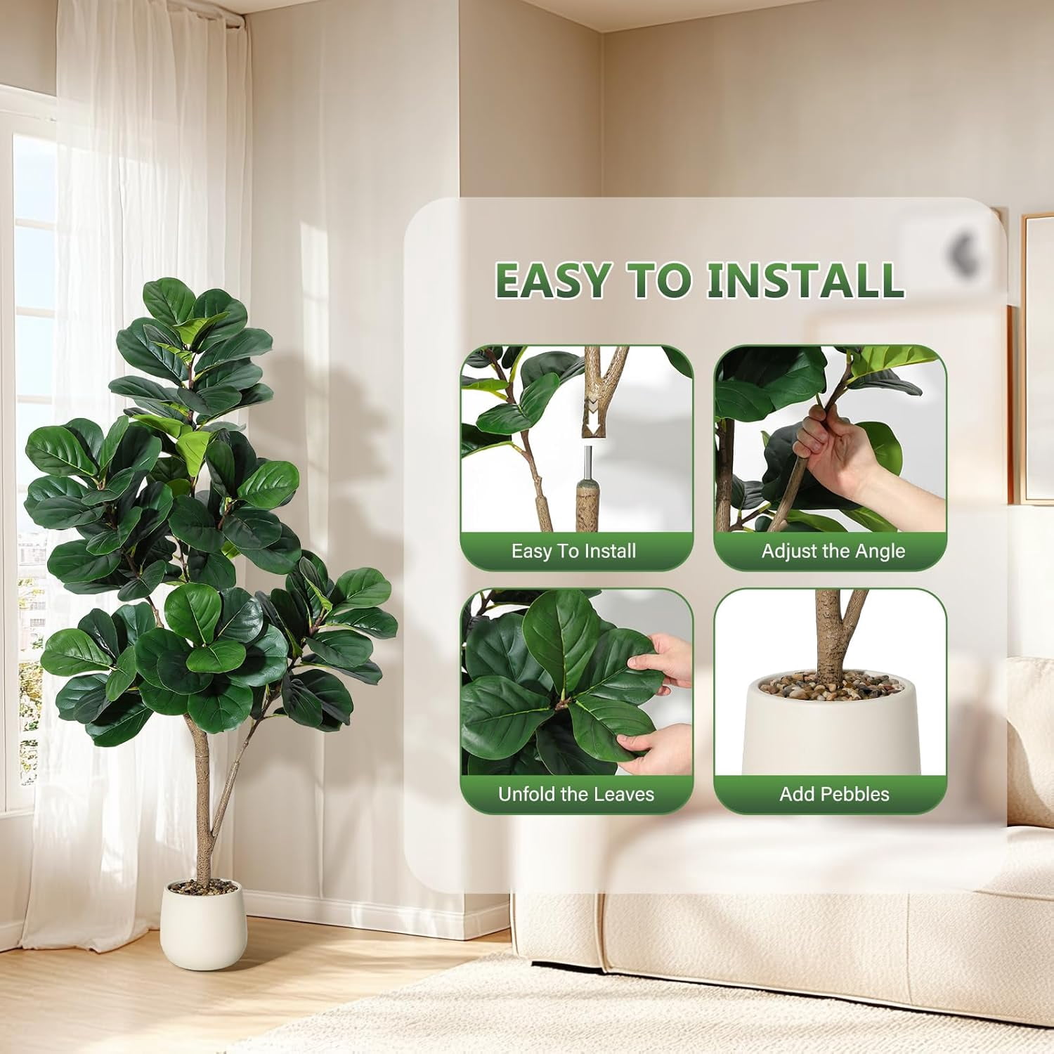 4FT Fiddle Leaf Fig Tree Artificial, Realistic Faux Ficus Lyrata Trees with 141 Leaves, Indoor Fake Floor Plants for Home Office Living Room Decor, with 9" White Planter Pot