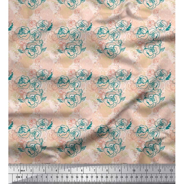 Soimoi Tissu en Voile de Coton Imprimé Feuilles & Roses au Mètre 42 Pouces de Large