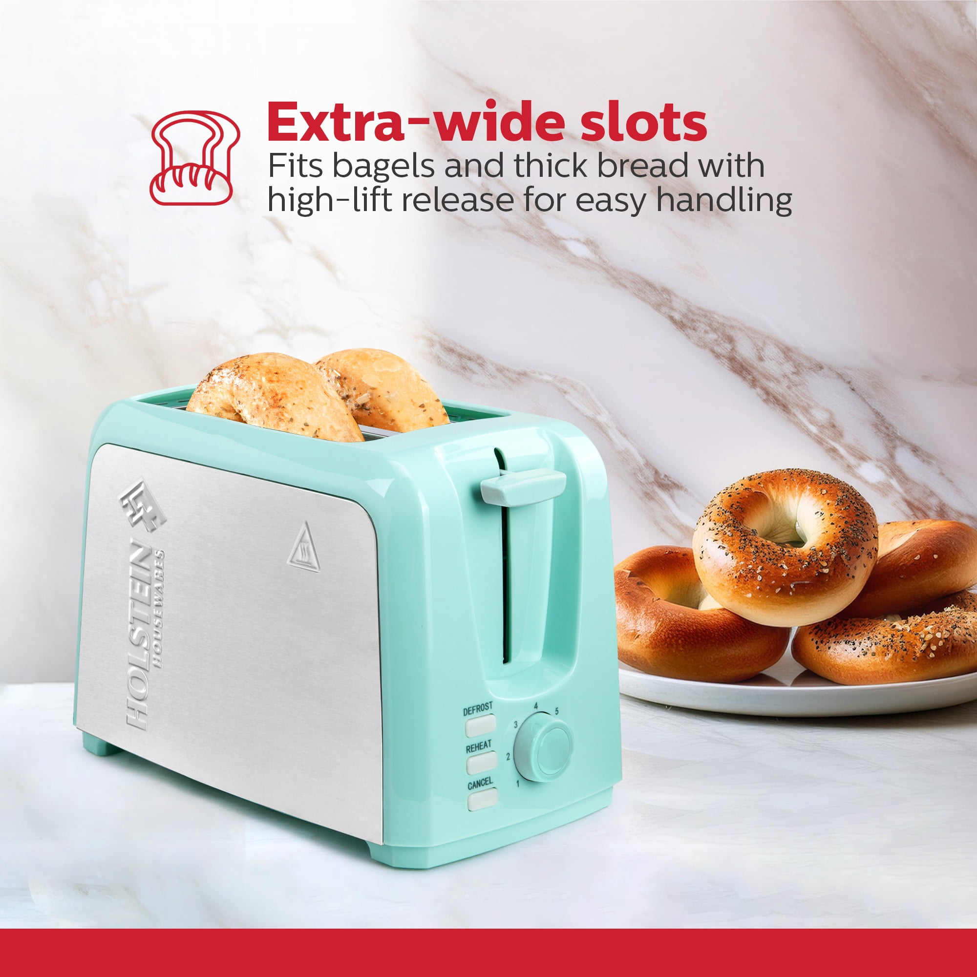 Holstein Housewares 2-Slice Toaster Mint with Defrost and Reheat Function