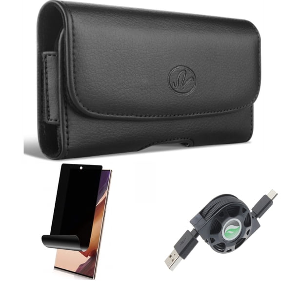 Privacy Screen Protector & USB Cable & Case Belt Clip for Samsung Galaxy Note 20 Ultra (6.9") - Combo with TPU Film Anti-Peep & Retractable Type-C & Leather Swivel