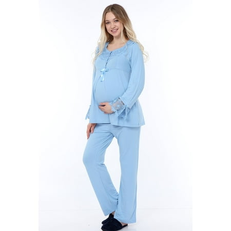 

LVMA9500 - Women s Maternity Nursing Pajamas Hospital Set Soft Long-Sleeved Button Tops PJ Pants Sleepwear Set