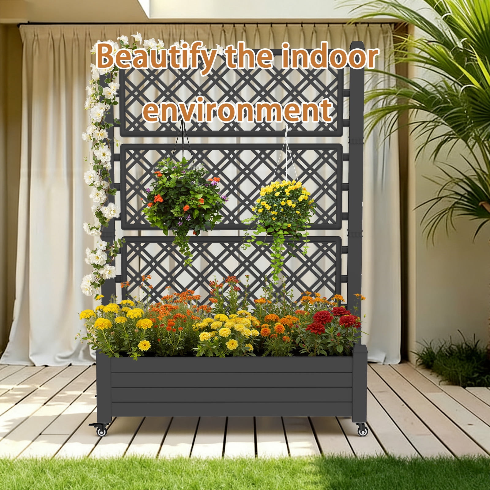 Fazzn Raised Garden Bed with Trellis, Large Outdoor Planter Trellis Box with Drainage Holes and Wheels for Climbing Plants.(Black）