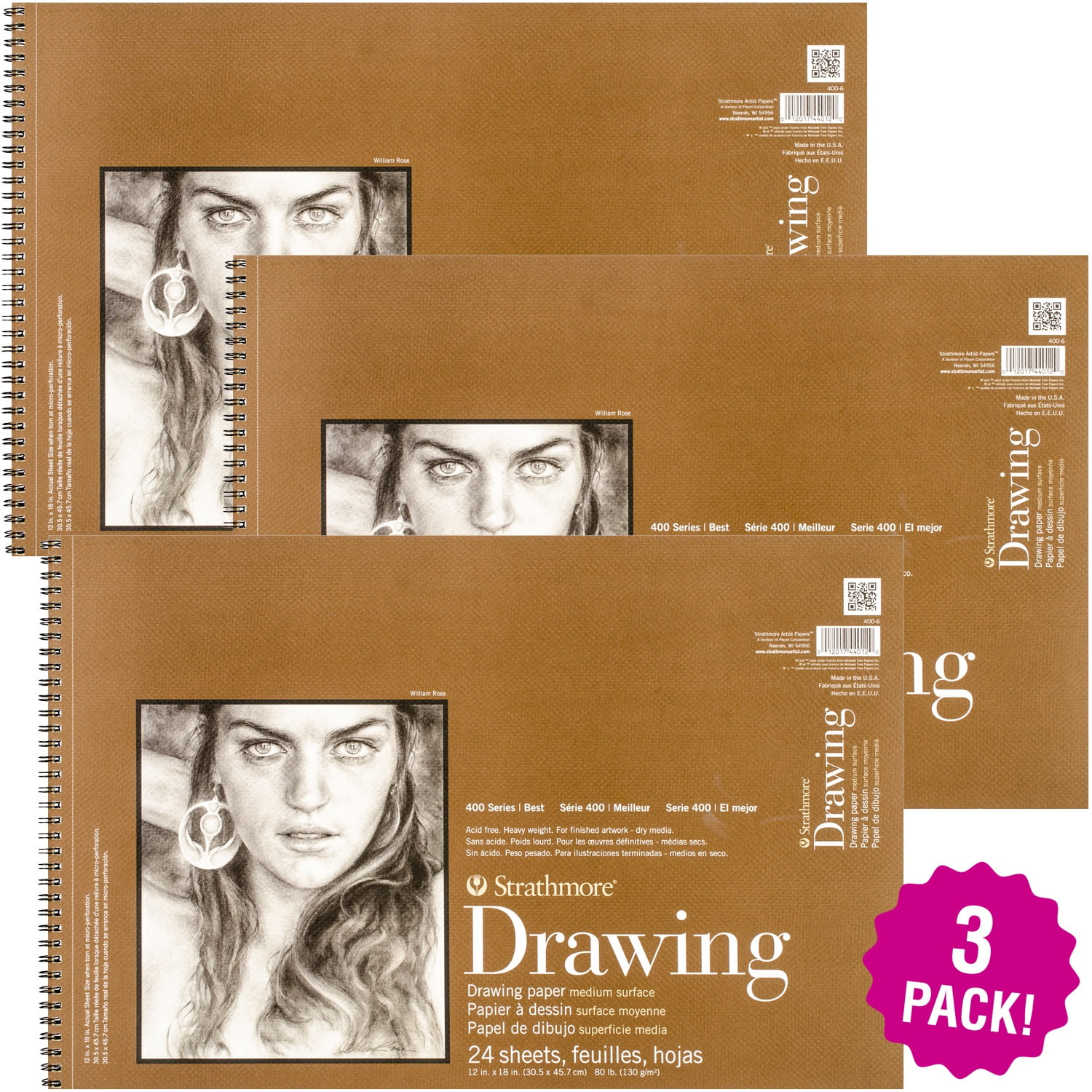 Multipack of 3 Strathmore Medium Drawing Spiral Paper Pad 12"X18"24