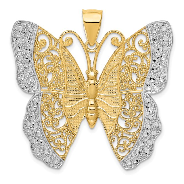 14K Rhodium Plated Yellow Gold & Rhodium Solid Polished Diamond Cut Filigree Butterfly Pendant
