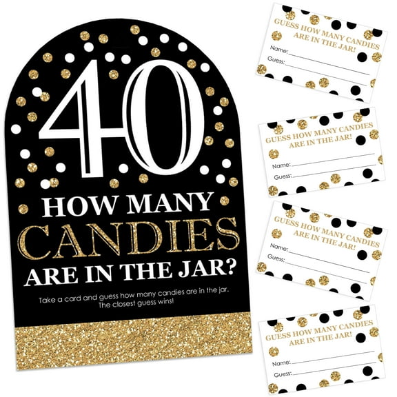 Big Dot of Happiness Adult 40th Birthday - Gold - How Many Candies Birthday Party Game - 1 Stand and 40 Cards - Candy Guessing Game