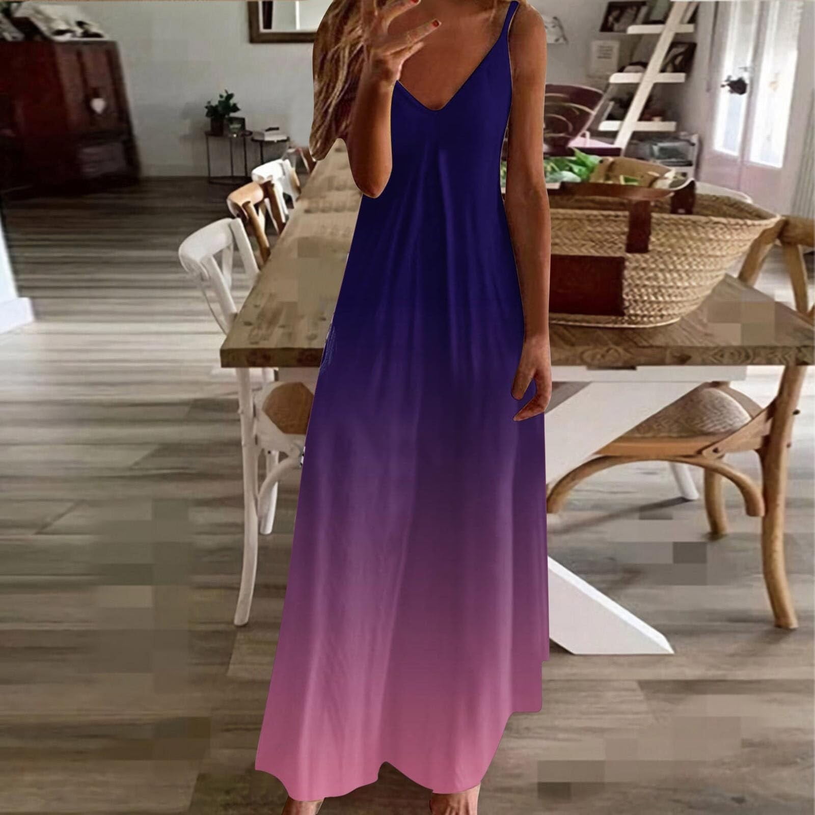 UPPADA Womens Summer V Neck Dress Spaghetti Strap Maxi Dress Vintage Floral Print Loose Fit Dress Pleated Boho Beach Sundress Cheap Dresses for Women Dark Blue,M