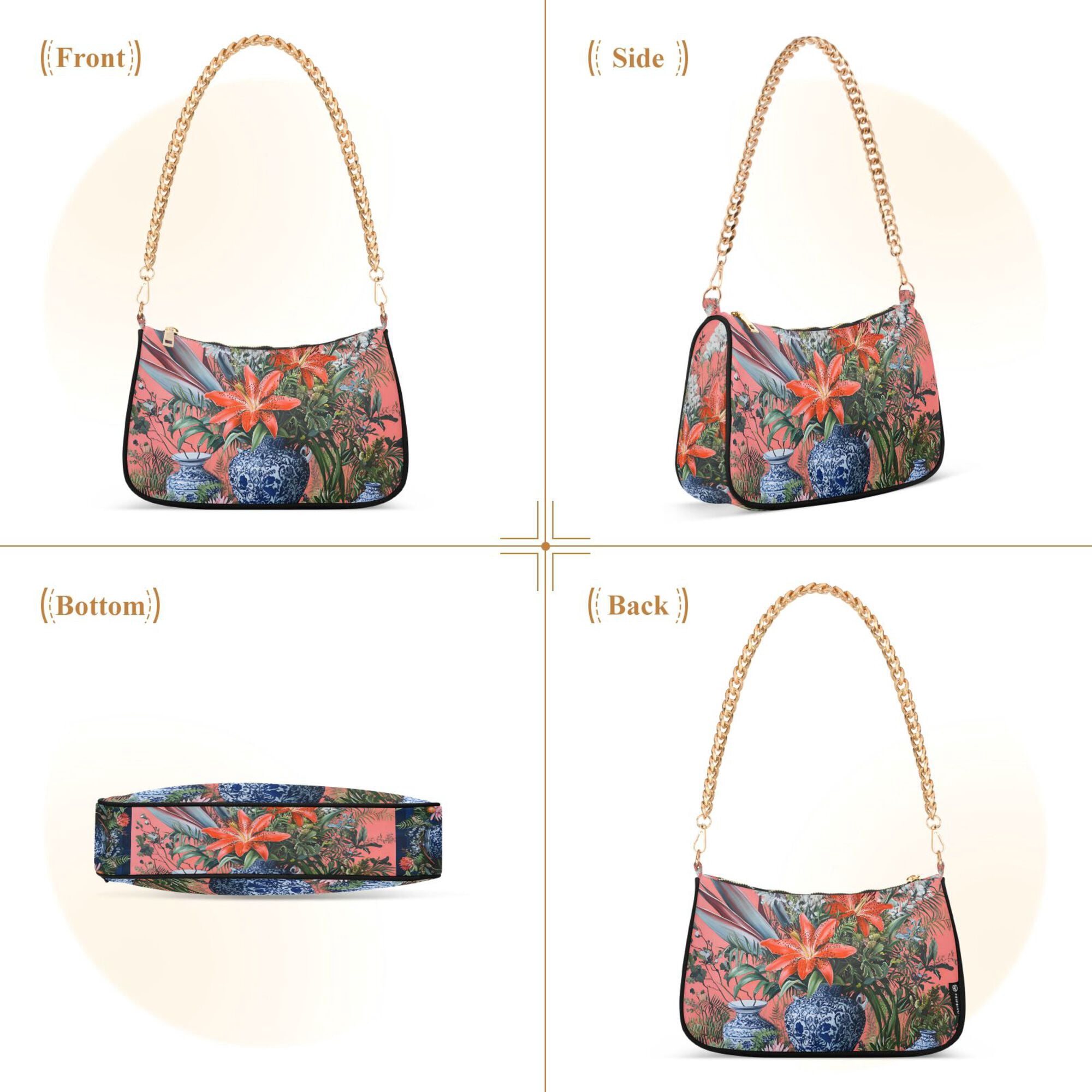 FORMRS Womens Shoulder Bag with Chain Strap Clutch Purse Cute Tote Handbag, Orange Vibrant Flowers