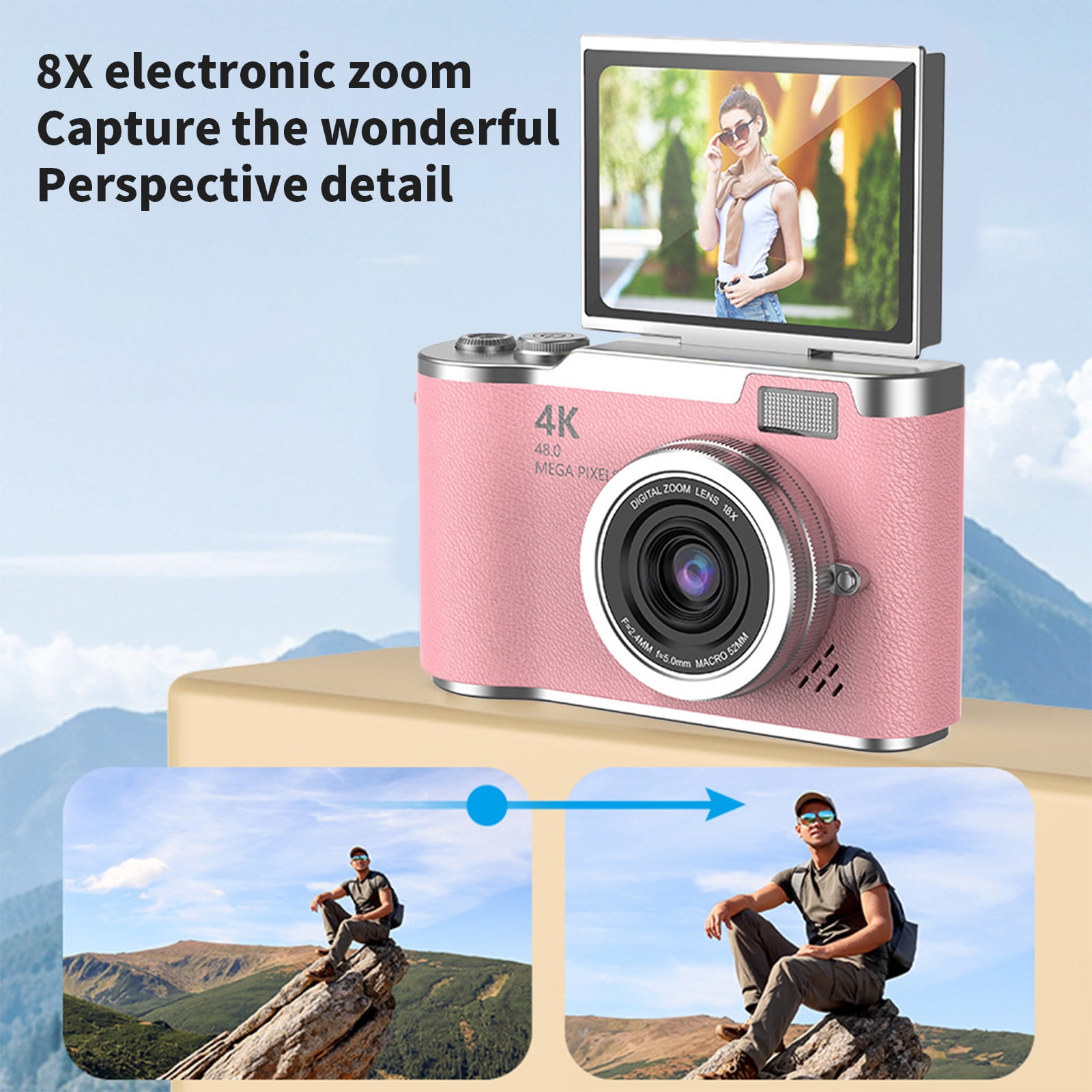 Student Digital Camera 2.4" Flip-Screen 48MP Max Interpolation, 1080P HD Video, 8x Digital Zoom, Night-Vision Flash, 800 mAh Rechargeable, Anti-Shake, Built-In Mic & Speaker, Supports 64 GB Micro SD