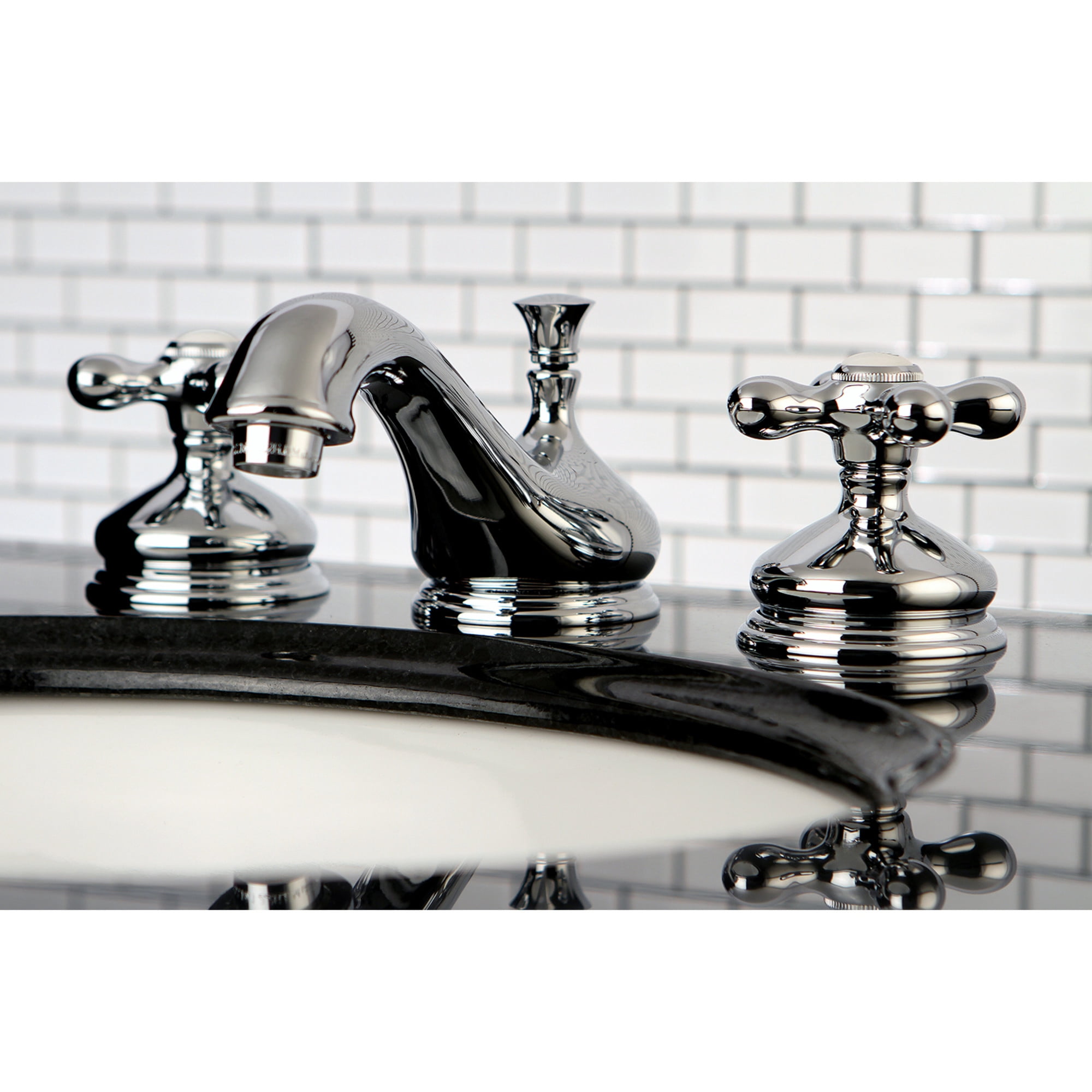 Kingston Brass KS1161AX Heritage Two-Handle 3-Hole Deck Mount Widespread Bathroom Faucet with Brass Pop-Up in Polished Chrome