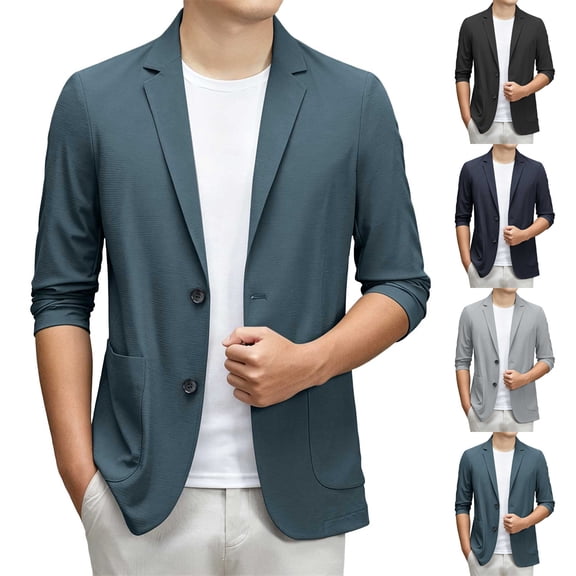 SeCaotees 3/4 Sleeve Blazer Men Notched Lapel Casual Single Breasted Outerwear Loose Fit Tops with Lightweight Business Daily Silhouette Black,L