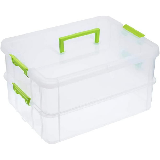 2-Tier Stackable Craft Storage Box Plastic Adjustable Storage Containers  with Carry Handle Transparent 