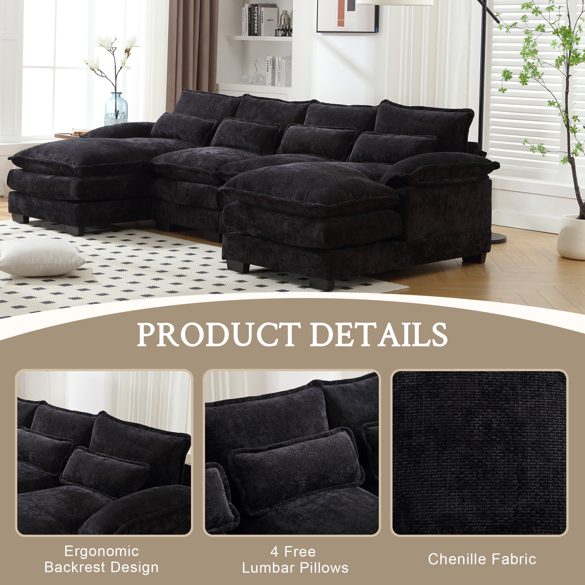 MOONMISS Chenille Upholstered U-Shaped Oversized four-seater Living Room Sectional Sofa With Wooden Frame-Black