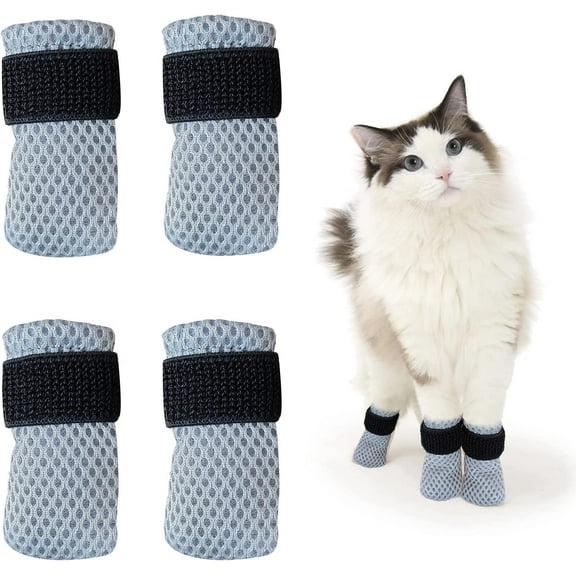 Cat Boots,paw Covers Anti-Scratch Cat Foot Covers for Cats Adjustable Mesh Cat Claw Protectors Non-Slip Breathablesuitable for Family Pet Cat Bathing and Nail Cutting (4 Pcs) (S, Grey)