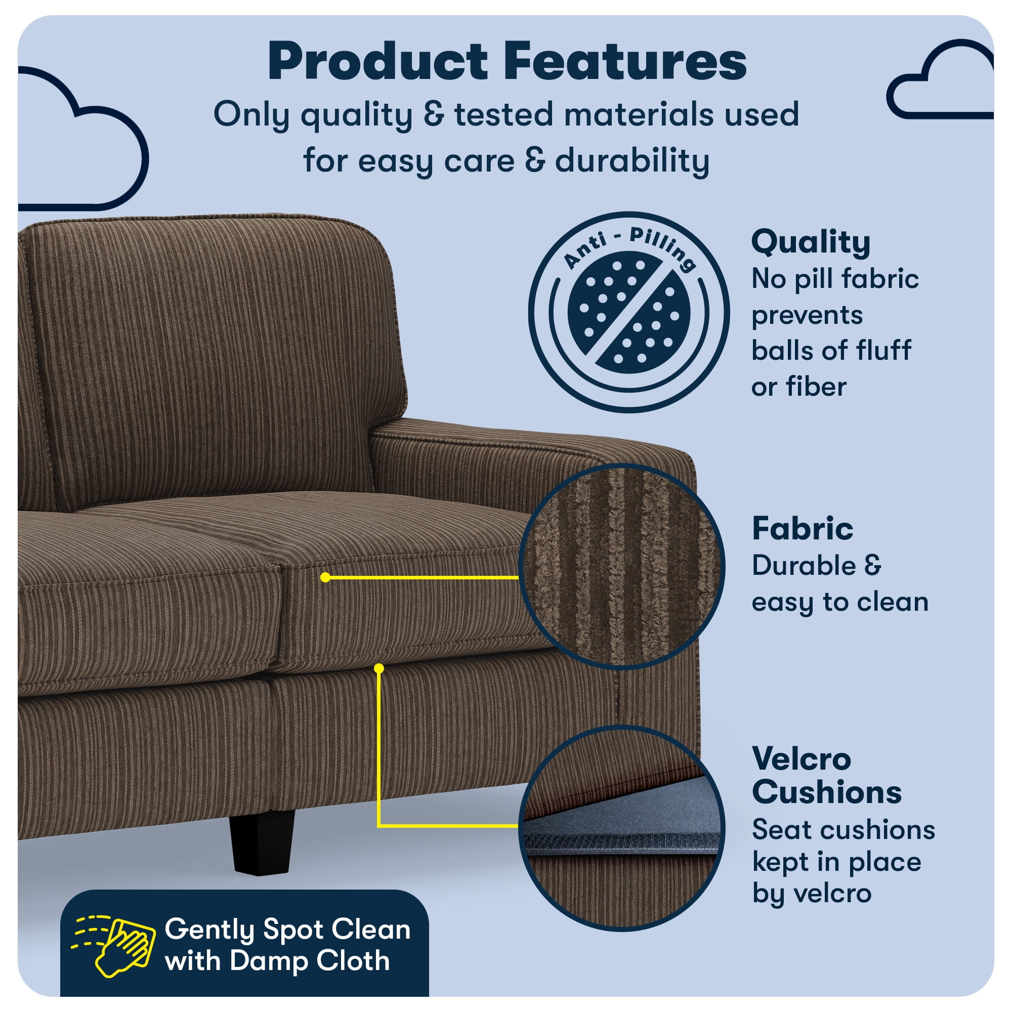 Serta Palisades 61" Track Arm Sofa, Easy Care Polyester, Loveseat or Couch for Small Spaces, Brown